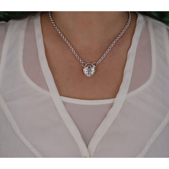 Sterling Silver Filigree Heart Lock Necklace 18" Chain Opens and Closes - Picture 4 of 8